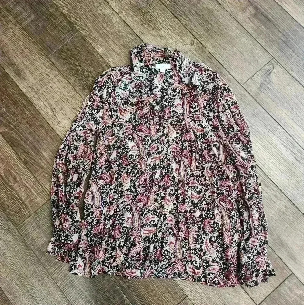J.Jill Womens Top M Black Red Paisley Floral Boho Peasant Ruffles Long Sleeve